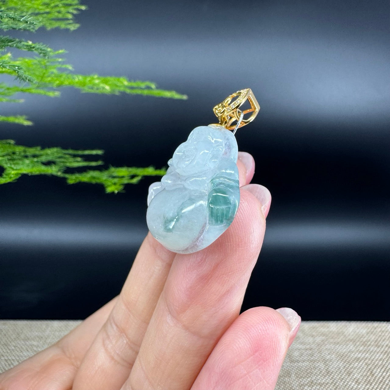 18K Yellow Gold Burmese Icy Green Jadeite Jade Happy Buddha Pendant