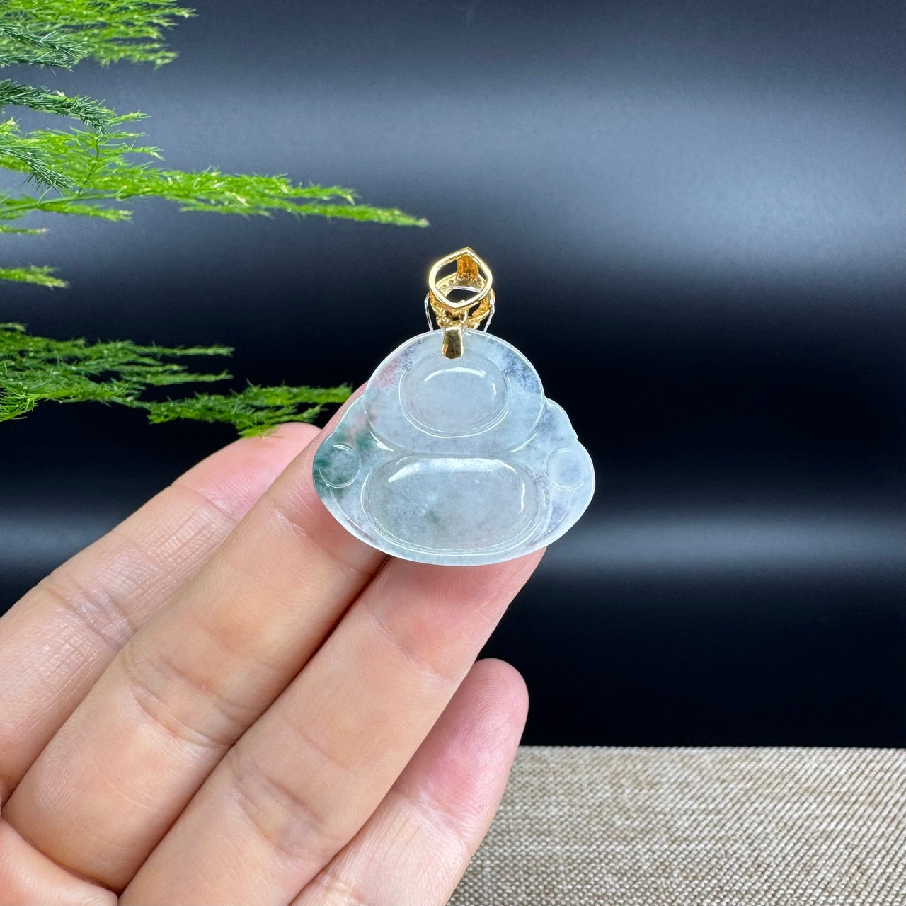 18K Yellow Gold Burmese Icy Green Jadeite Jade Happy Buddha Pendant