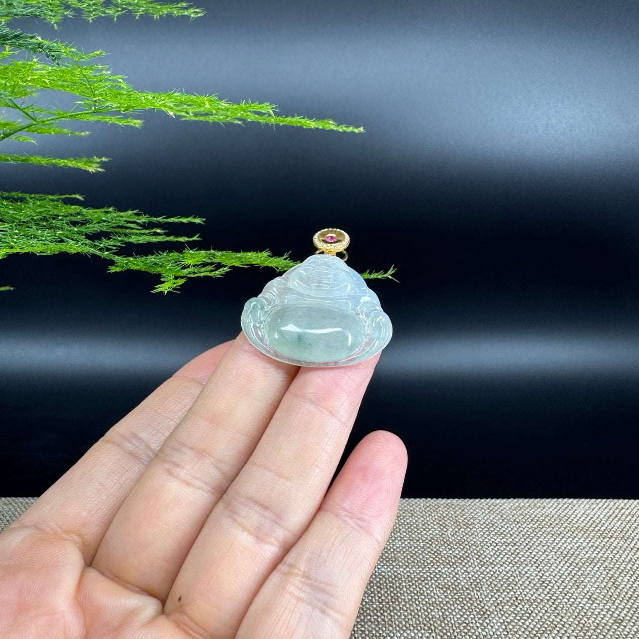 18K Yellow Gold Burmese Icy Green Jadeite Jade Happy Buddha Pendant
