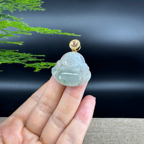 18K Yellow Gold Burmese Icy Green Jadeite Jade Happy Buddha Pendant