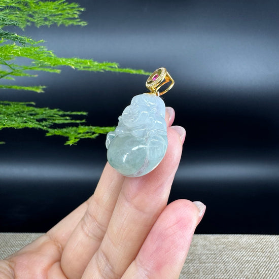 18K Yellow Gold Burmese Icy Green Jadeite Jade Happy Buddha Pendant