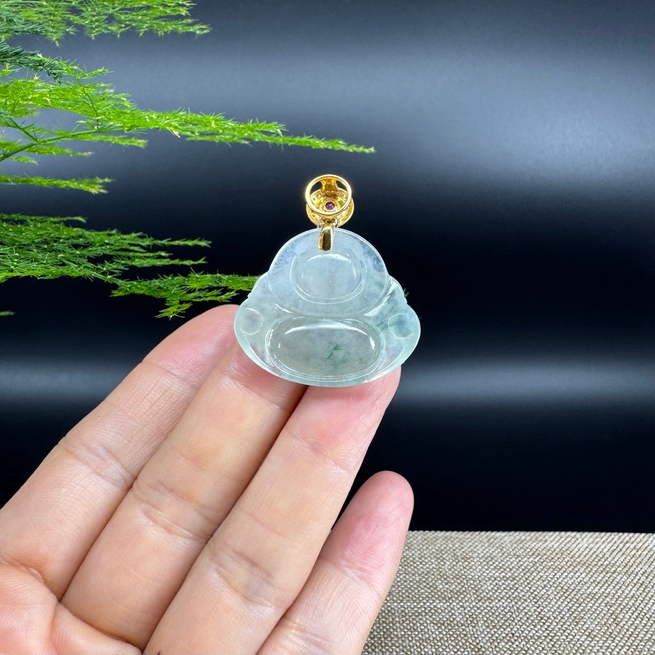 18K Yellow Gold Burmese Icy Green Jadeite Jade Happy Buddha Pendant
