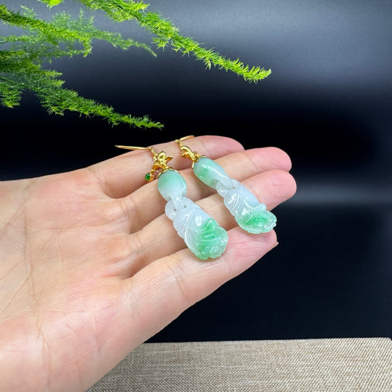 18k Yellow Gold Genuine White Green Jadeite Jade Earrings With Diamonds