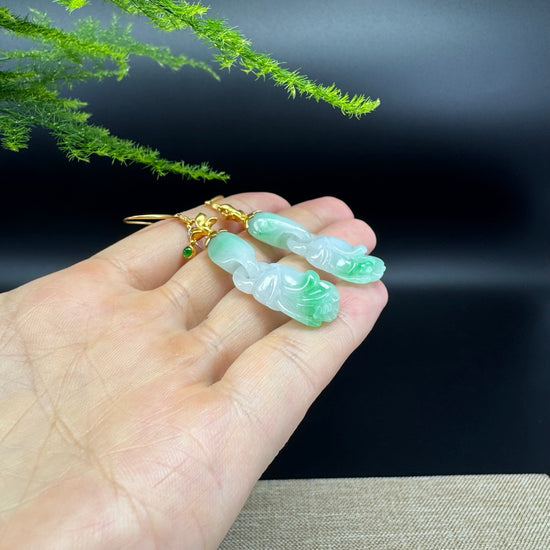 18k Yellow Gold Genuine White Green Jadeite Jade Earrings With Diamonds