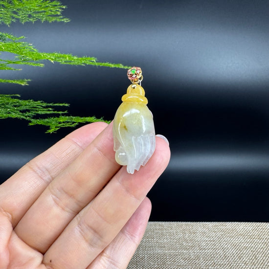 18K Yellow Gold Burmese Icy Yellow Jadeite Jade Happy Buddha Hand Pendant