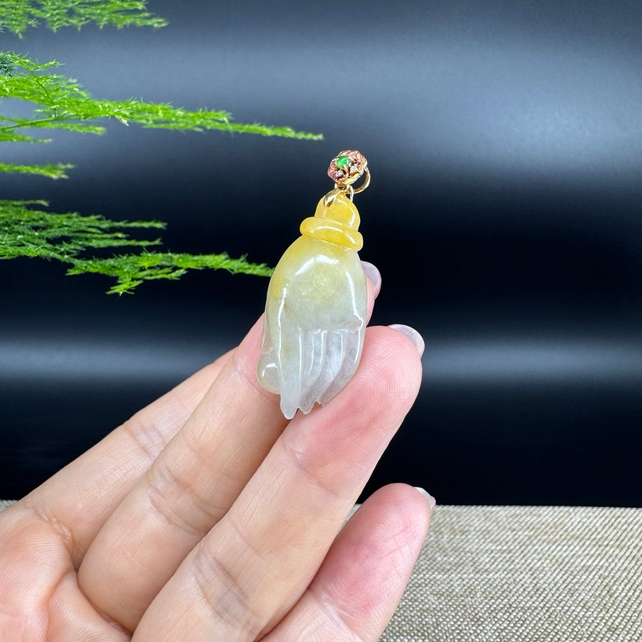 18K Yellow Gold Burmese Icy Yellow Jadeite Jade Happy Buddha Hand Pendant