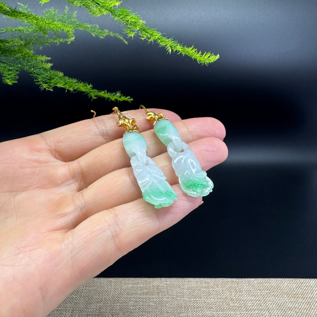 18k Yellow Gold Genuine White Green Jadeite Jade Earrings With Diamonds