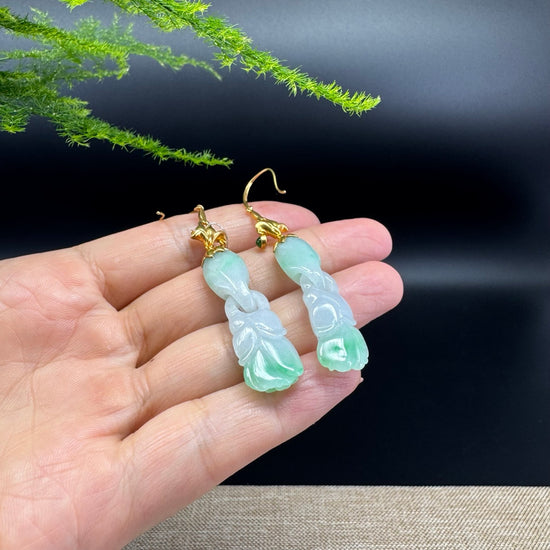 18k Yellow Gold Genuine White Green Jadeite Jade Earrings With Diamonds