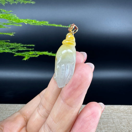 18K Yellow Gold Burmese Icy Yellow Jadeite Jade Happy Buddha Hand Pendant