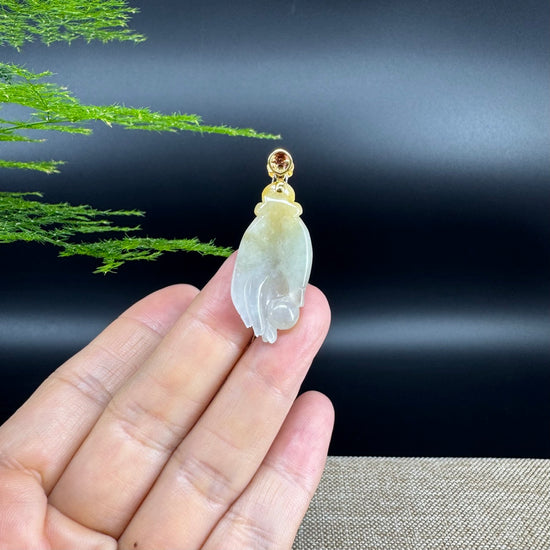 18K Yellow Gold Burmese Icy Yellow Jadeite Jade Happy Buddha Hand Pendant