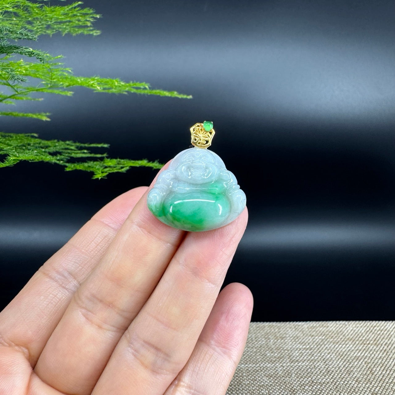18K Yellow Gold Burmese Green Jadeite Jade Happy Buddha Pendant