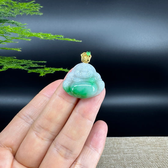 18K Yellow Gold Burmese Green Jadeite Jade Happy Buddha Pendant