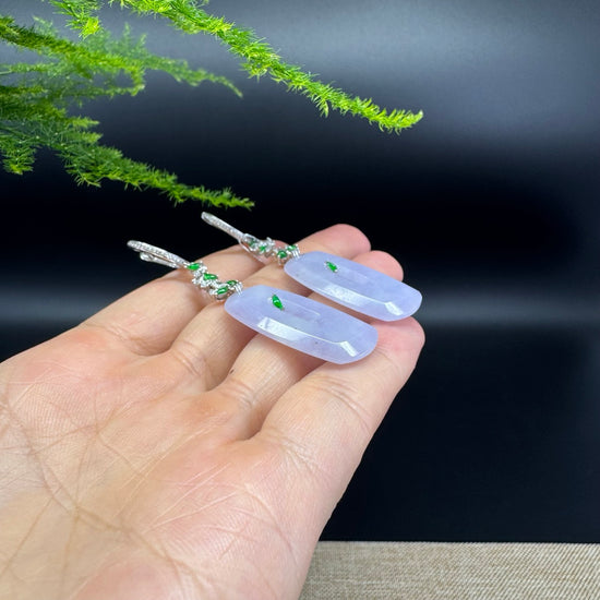 18k White Gold Genuine Lavender Jadeite Jade Earrings With Diamonds