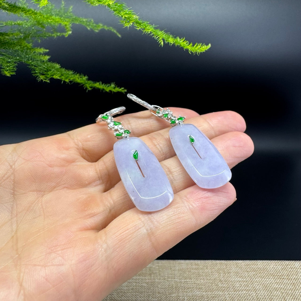 18k White Gold Genuine Lavender Jadeite Jade Earrings With Diamonds