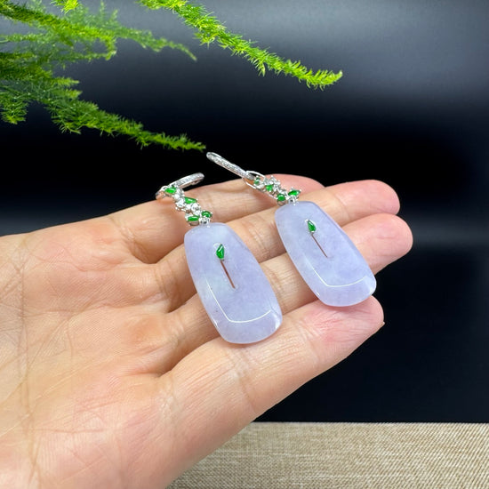 18k White Gold Genuine Lavender Jadeite Jade Earrings With Diamonds