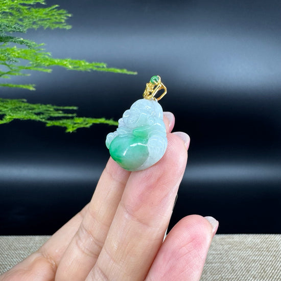 18K Yellow Gold Burmese Green Jadeite Jade Happy Buddha Pendant
