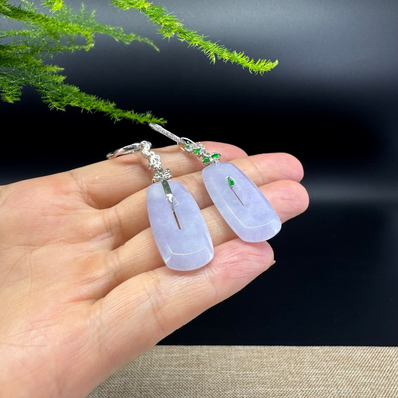 18k White Gold Genuine Lavender Jadeite Jade Earrings With Diamonds
