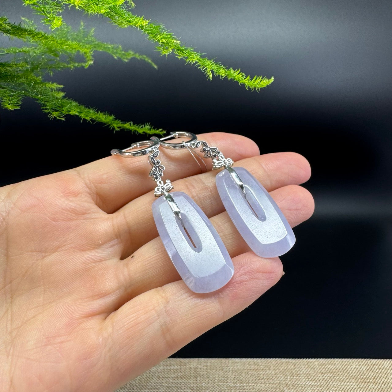 18k White Gold Genuine Lavender Jadeite Jade Earrings With Diamonds