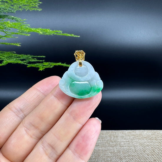 18K Yellow Gold Burmese Green Jadeite Jade Happy Buddha Pendant