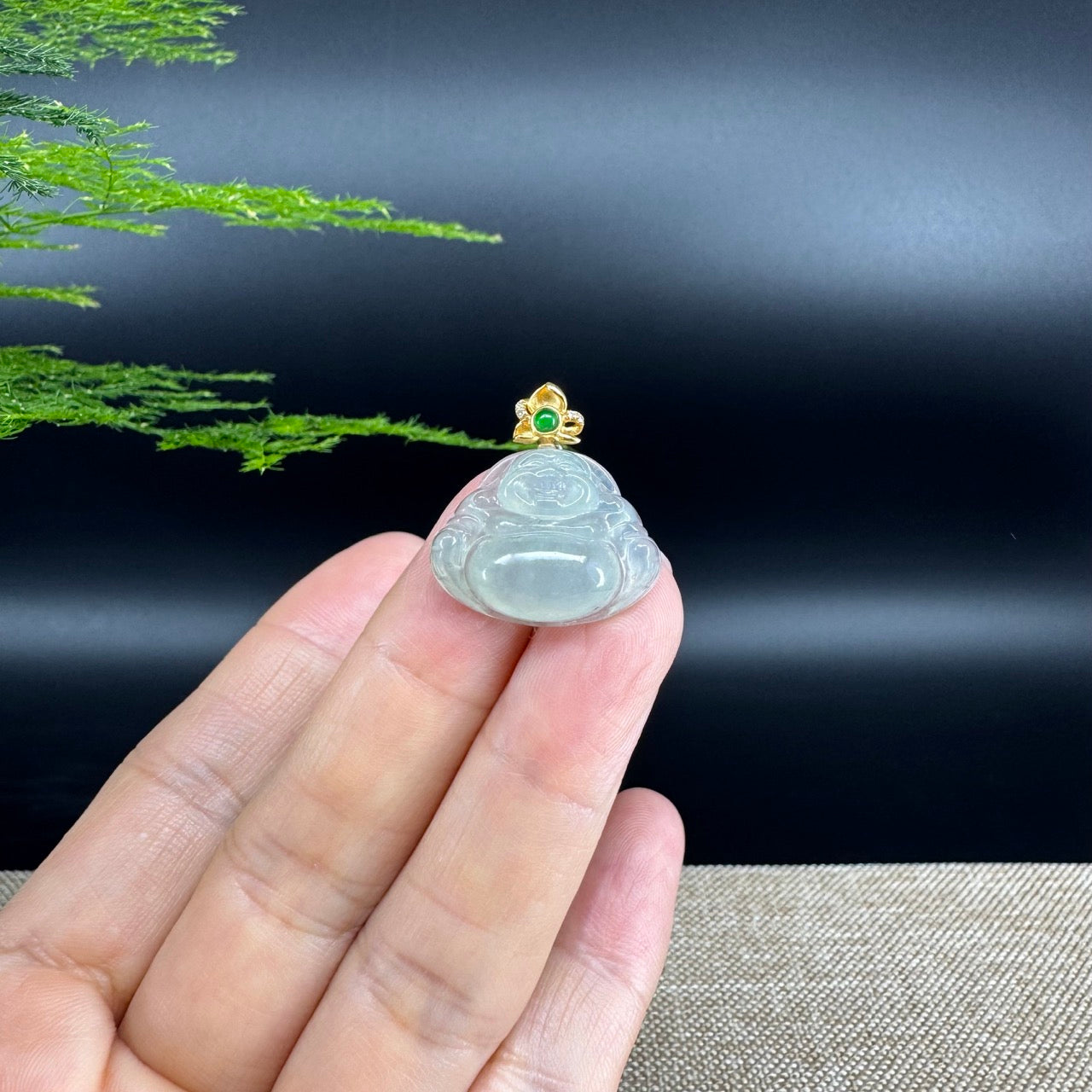 18K Yellow Gold Burmese Icy Jadeite Jade Happy Buddha Pendant