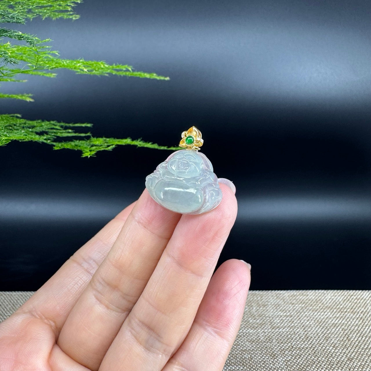 18K Yellow Gold Burmese Icy Jadeite Jade Happy Buddha Pendant
