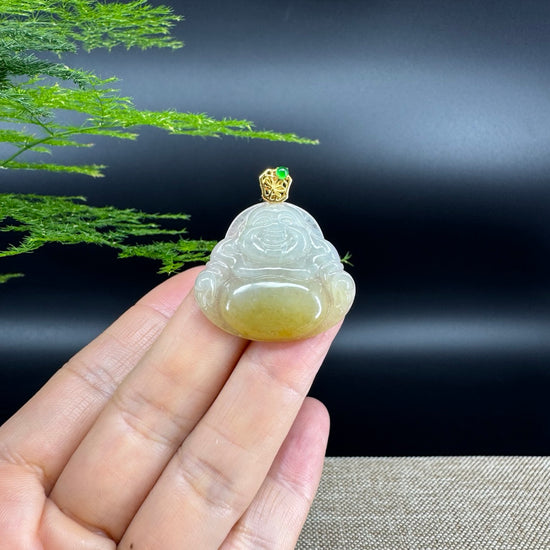 18K Yellow Gold Burmese Icy Yellow Jadeite Jade Happy Buddha Pendant