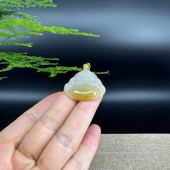 18K Yellow Gold Burmese Icy Yellow Jadeite Jade Happy Buddha Pendant