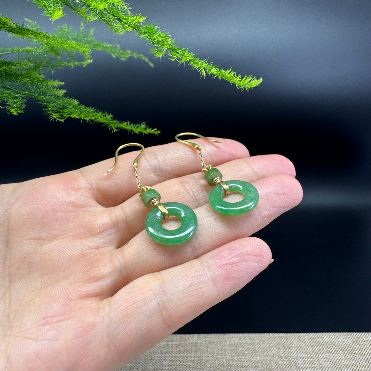 18k Yellow Gold Genuine Imperial Green Jadeite Jade Earrings With Diamonds