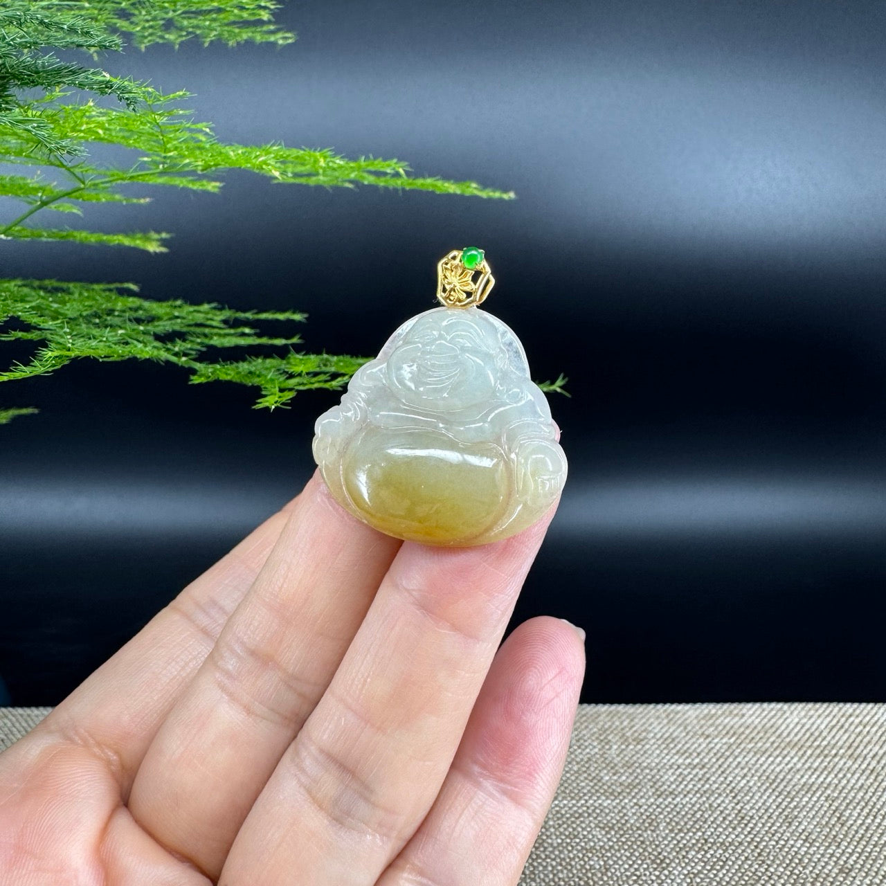 18K Yellow Gold Burmese Icy Yellow Jadeite Jade Happy Buddha Pendant