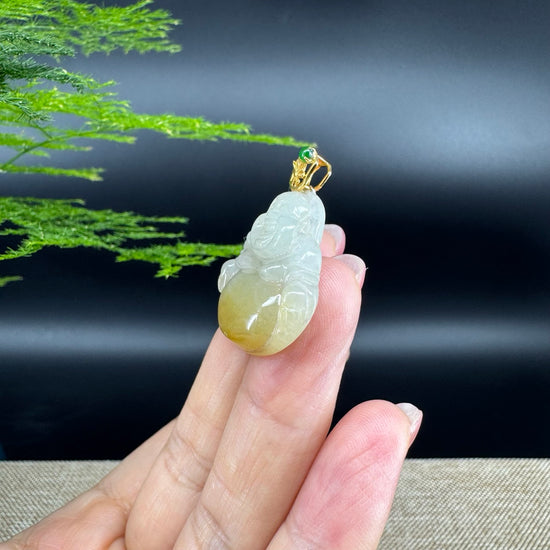 18K Yellow Gold Burmese Icy Yellow Jadeite Jade Happy Buddha Pendant