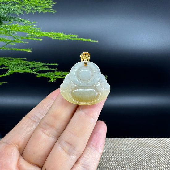 18K Yellow Gold Burmese Icy Yellow Jadeite Jade Happy Buddha Pendant