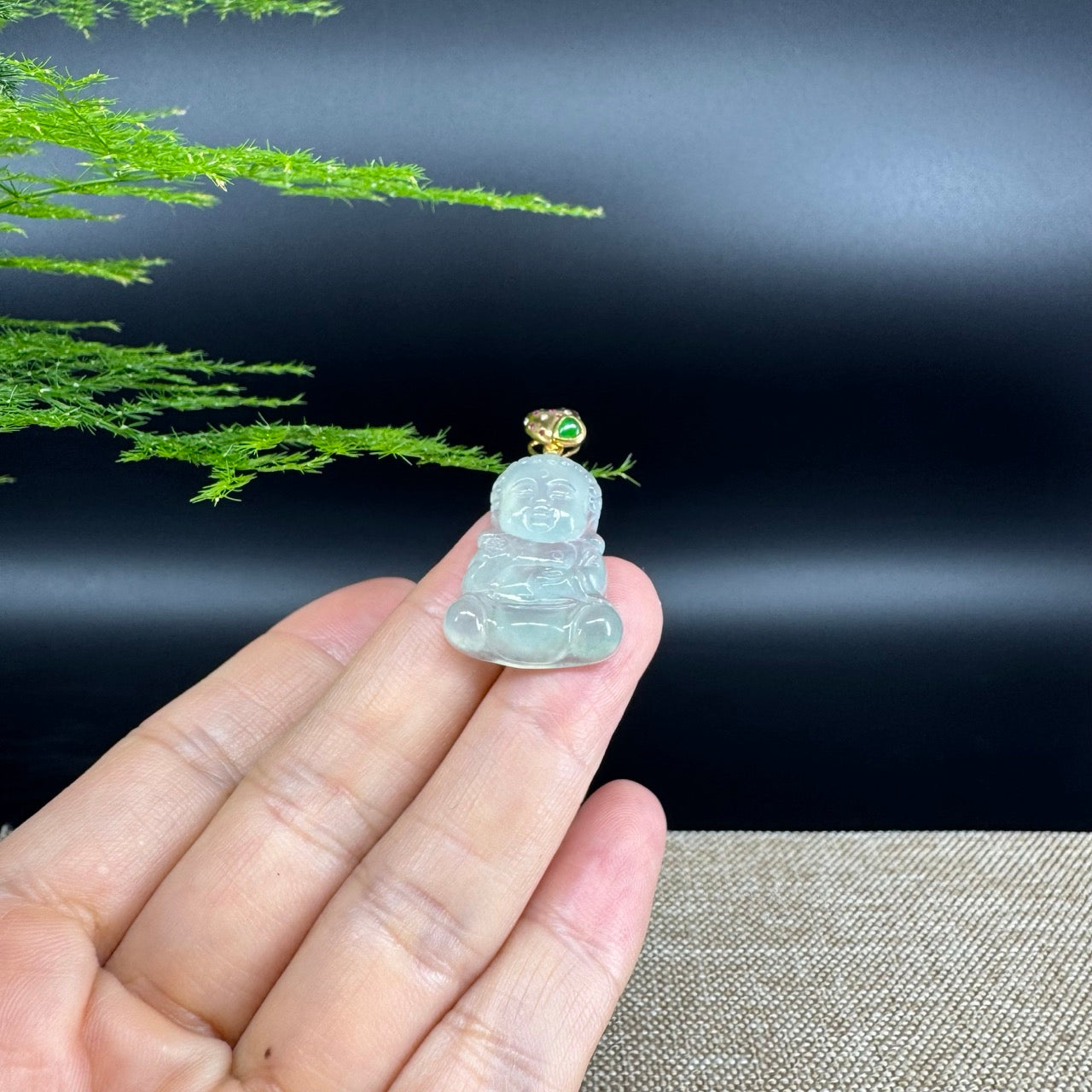 High-end 18K Yellow Gold Burmese Icy Jadeite Jade Happy Baby Buddha Pendant