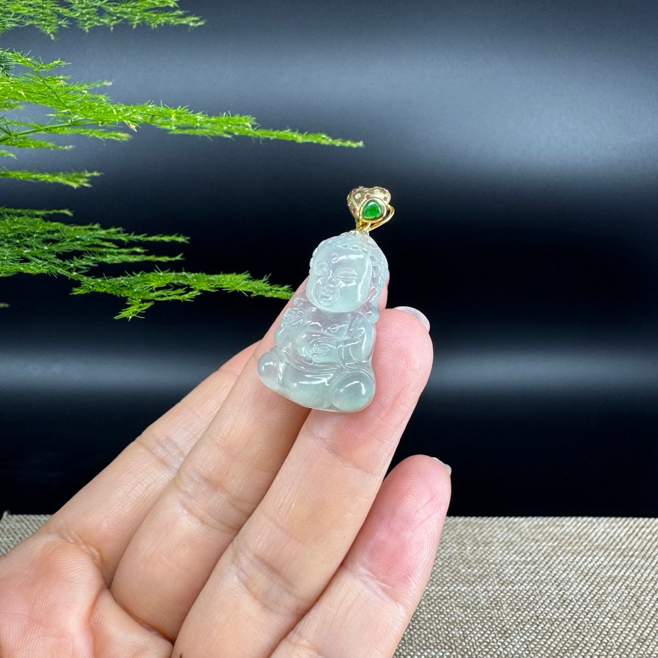 High-end 18K Yellow Gold Burmese Icy Jadeite Jade Happy Baby Buddha Pendant