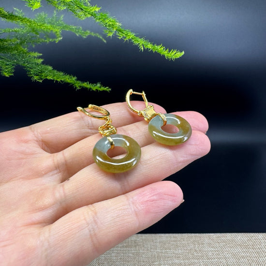 18k Yellow Gold Genuine Yellow Green Jadeite Jade Earrings With Diamonds