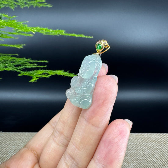 High-end 18K Yellow Gold Burmese Icy Jadeite Jade Happy Baby Buddha Pendant