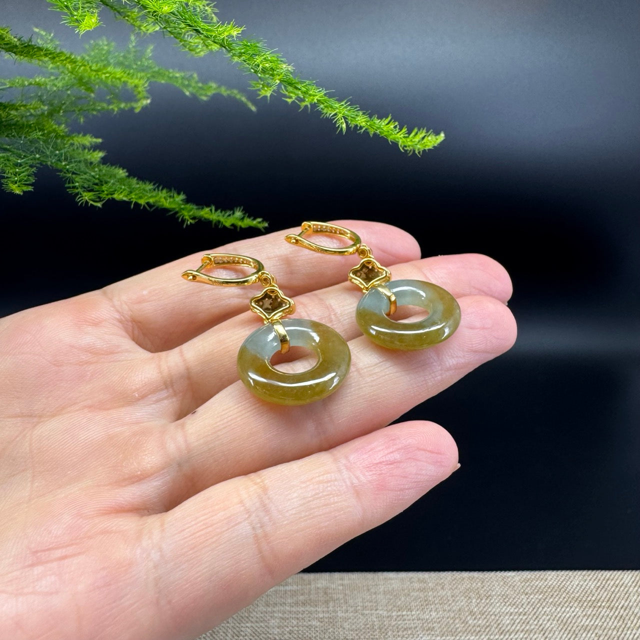 18k Yellow Gold Genuine Yellow Green Jadeite Jade Earrings With Diamonds