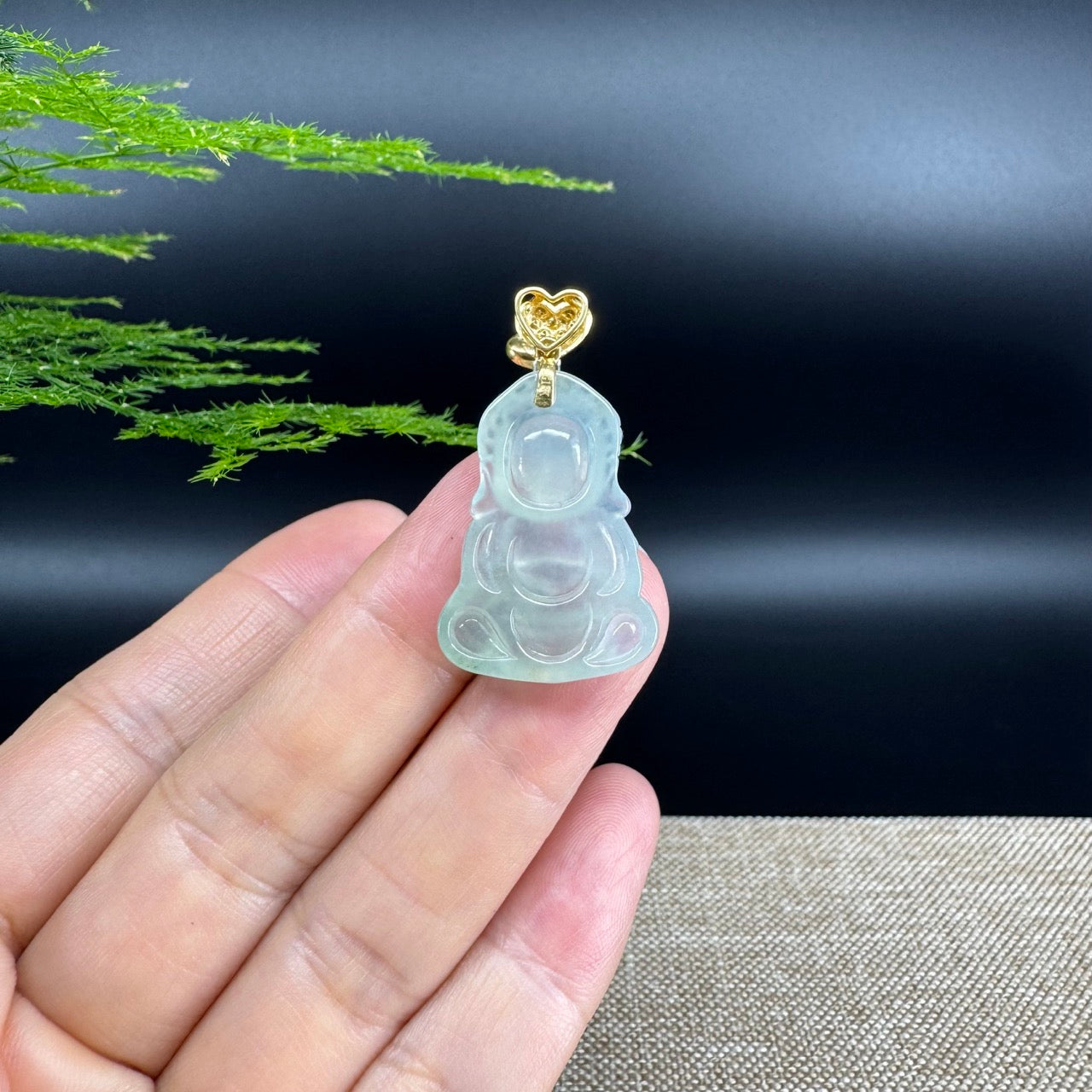 High-end 18K Yellow Gold Burmese Icy Jadeite Jade Happy Baby Buddha Pendant