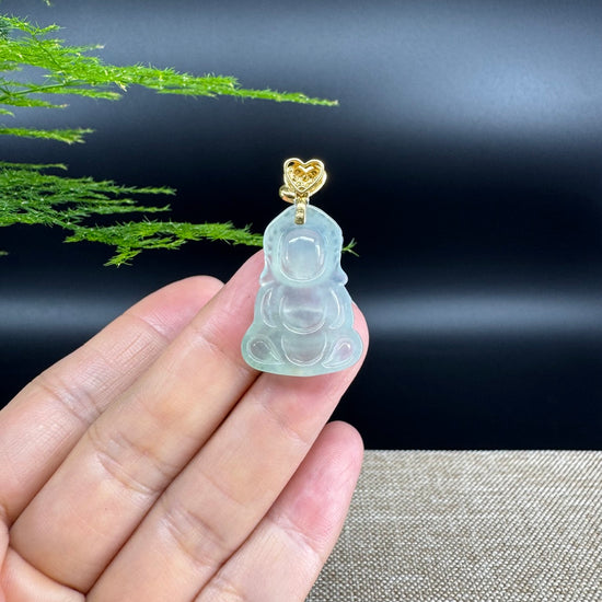 High-end 18K Yellow Gold Burmese Icy Jadeite Jade Happy Baby Buddha Pendant