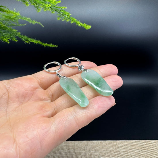 18k White Gold Genuine Icy Green Jadeite Jade Earrings With Diamonds