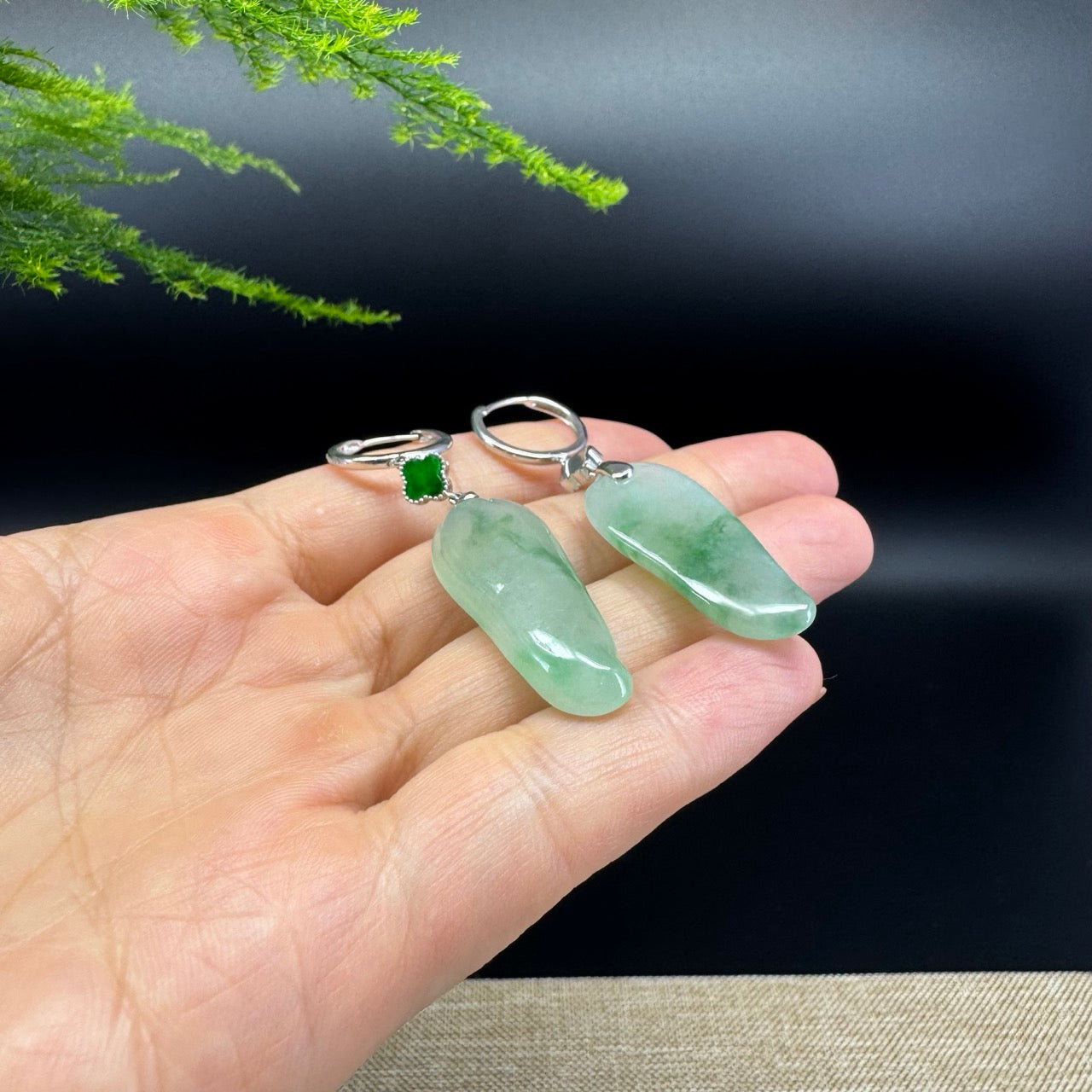 18k White Gold Genuine Icy Green Jadeite Jade Earrings With Diamonds