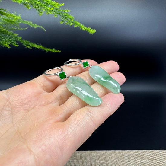 18k White Gold Genuine Icy Green Jadeite Jade Earrings With Diamonds