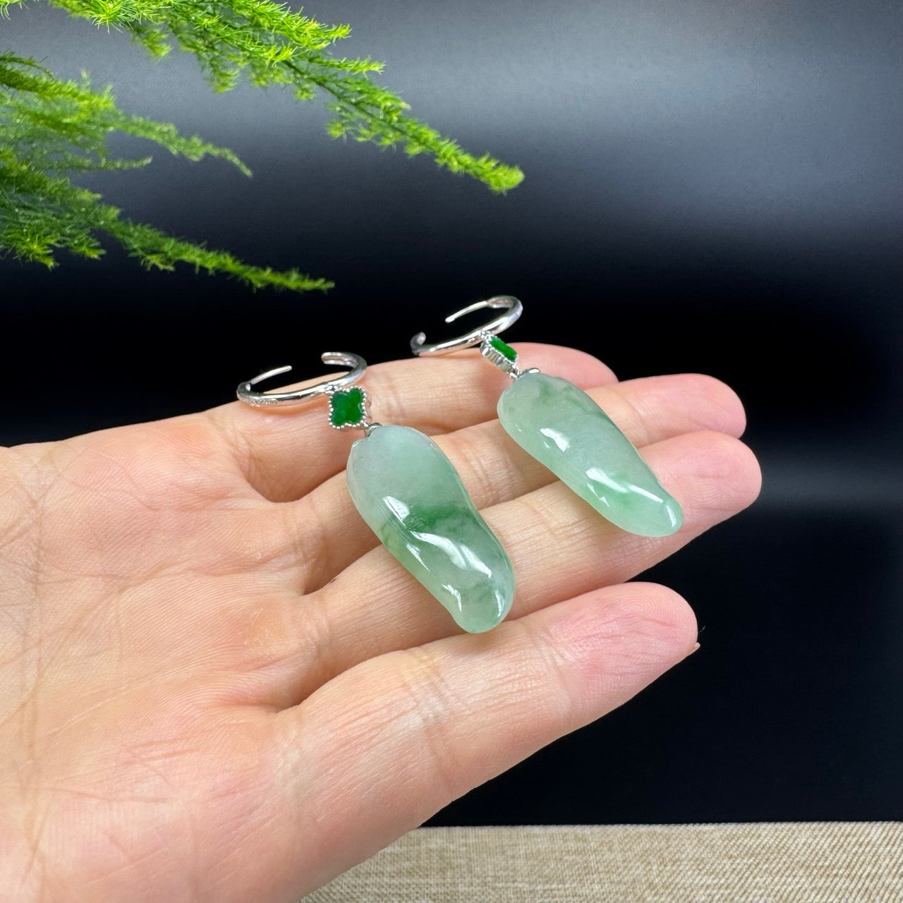 18k White Gold Genuine Icy Green Jadeite Jade Earrings With Diamonds