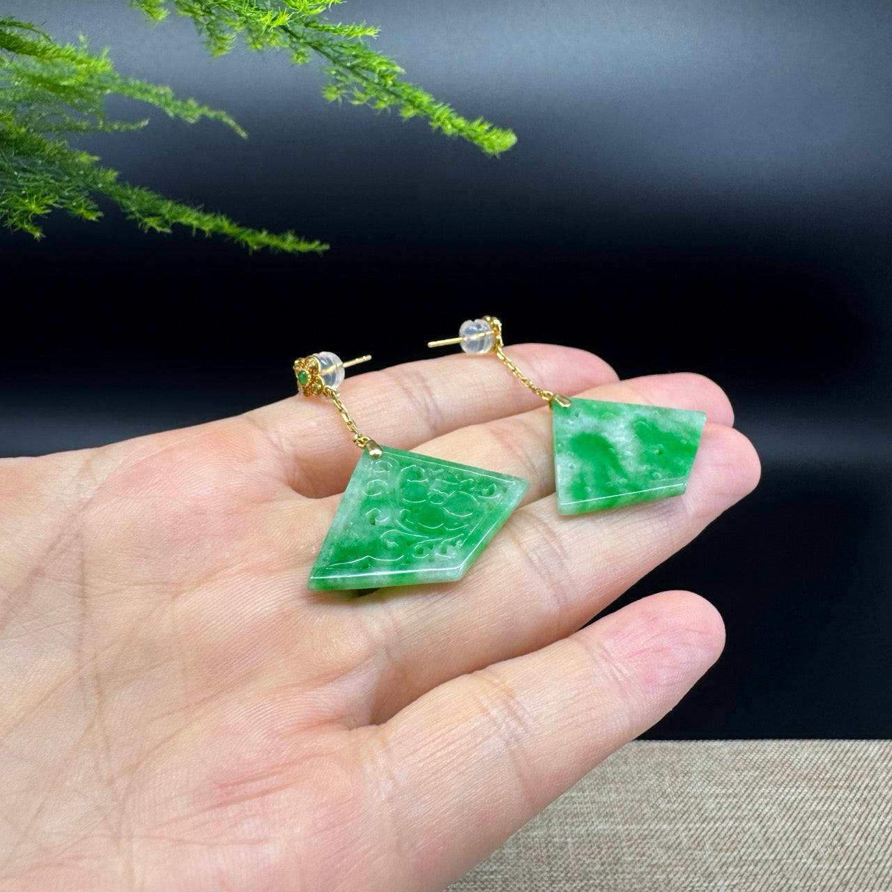18k Yellow Gold Genuine Green Jadeite Jade Earrings With Diamonds