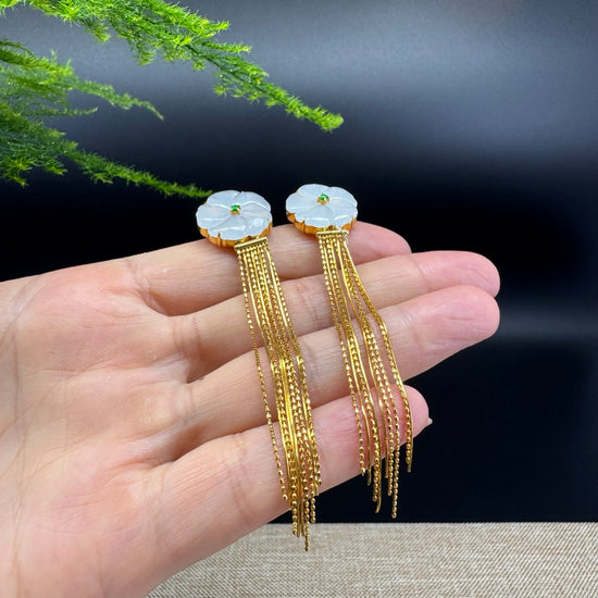 18k Yellow Gold Genuine Icy Flower Jadeite Jade Earrings