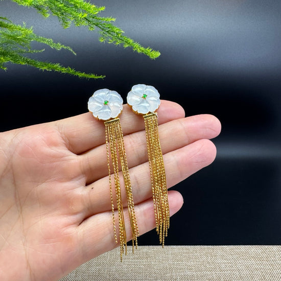 18k Yellow Gold Genuine Icy Flower Jadeite Jade Earrings