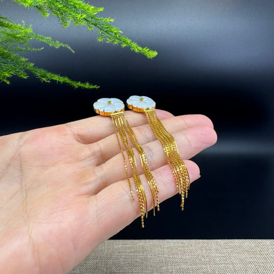 18k Yellow Gold Genuine Icy Flower Jadeite Jade Earrings