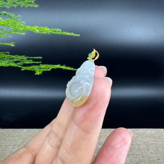 High-end 18K Yellow Gold Burmese Icy Yellow Jadeite Jade Money Saint Pendant with Diamond