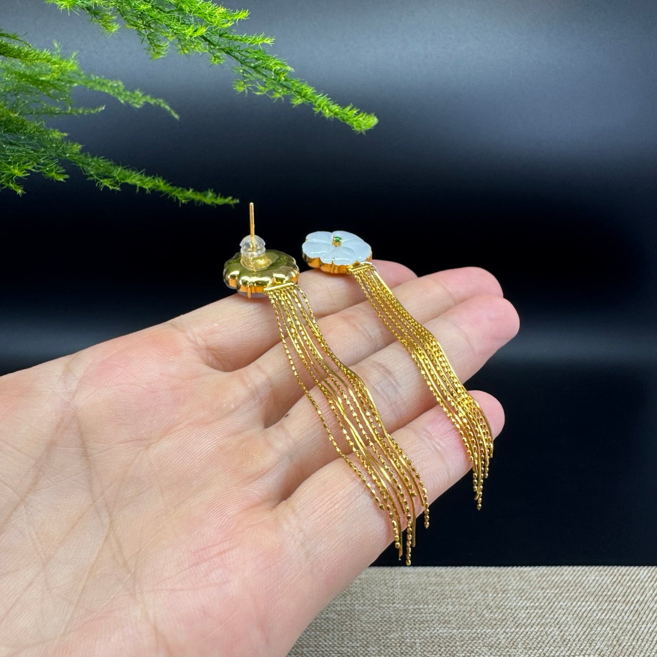18k Yellow Gold Genuine Icy Flower Jadeite Jade Earrings