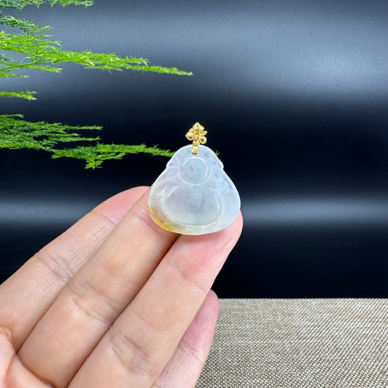 High-end 18K Yellow Gold Burmese Icy Yellow Jadeite Jade Money Saint Pendant with Diamond