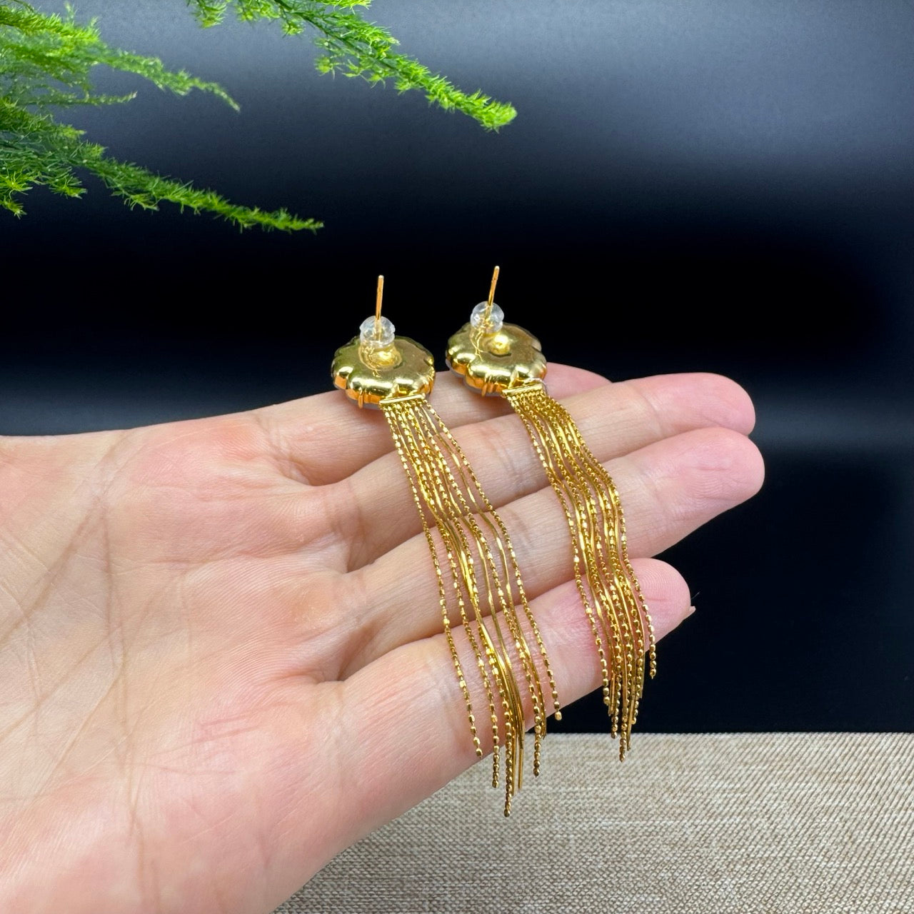 18k Yellow Gold Genuine Icy Flower Jadeite Jade Earrings